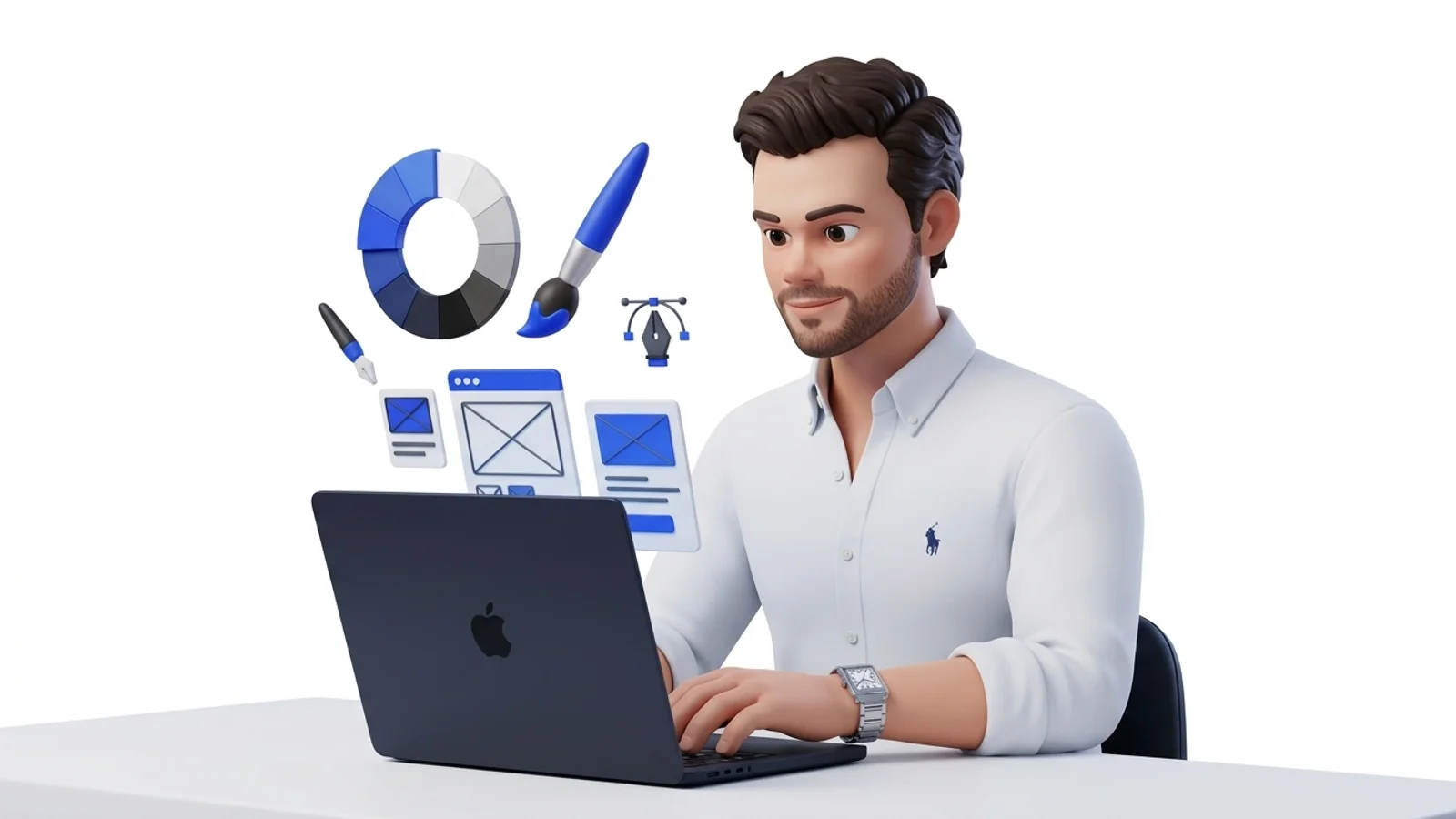 Design & Stil – Person gestaltet am MacBook mit Farbpalette und Pinsel